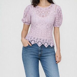 White Lace Puff Sleeve Blouse - Light Purple
